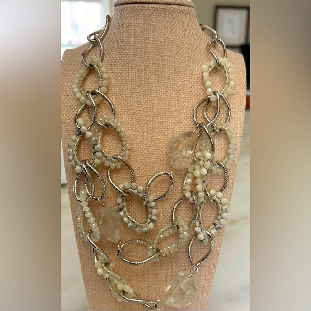 CHAN LUU hand knotted and multilayered Swarovski crystal and stone necklace